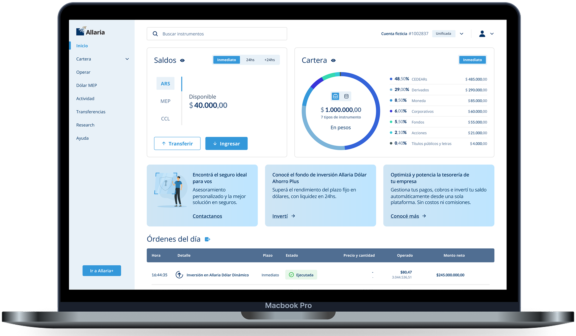 Vista de la plataforma de trading Allaria